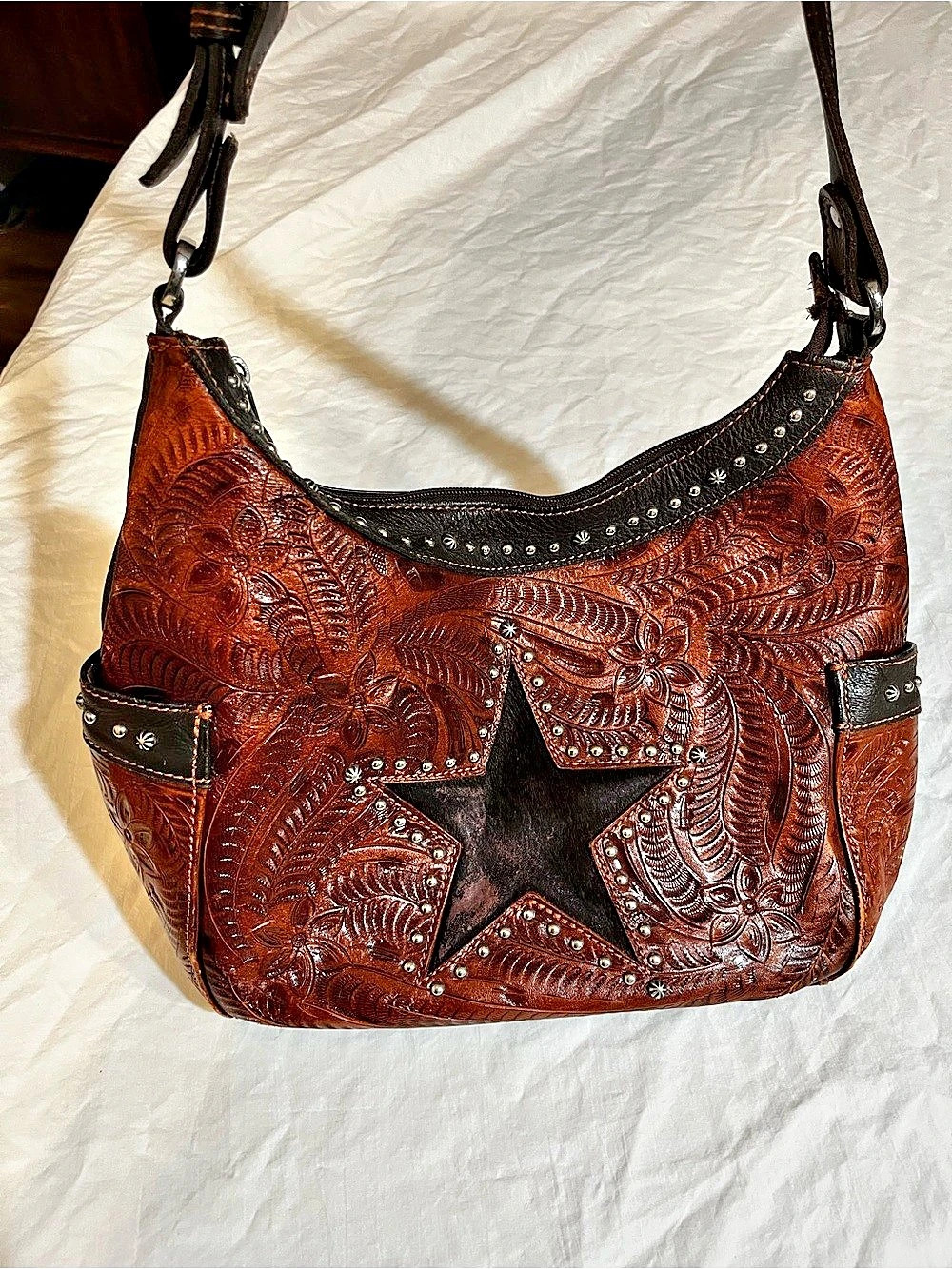 American West Tooled Leather-Look Star Shoulder Bag in Brown & Black